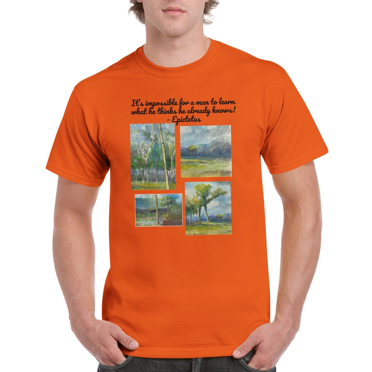 A orange heavyweight Unisex Crewneck cotton t-shirt with original artwork It’s impossible for a man to learn what he thinks he already knows! on the front from WhatYa Say Apparel worn by blonde-haired male front view.