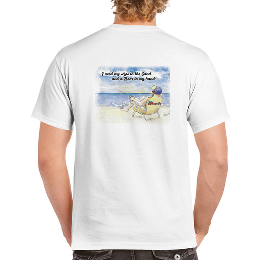 A rear view of blonde-haired male model wearing a white heavyweight Unisex Crewneck t-shirt with original artwork and motto I need my Ass in the Sand back and WhatYa Say logo on front of t-shirt from WhatYa Say Apparel.