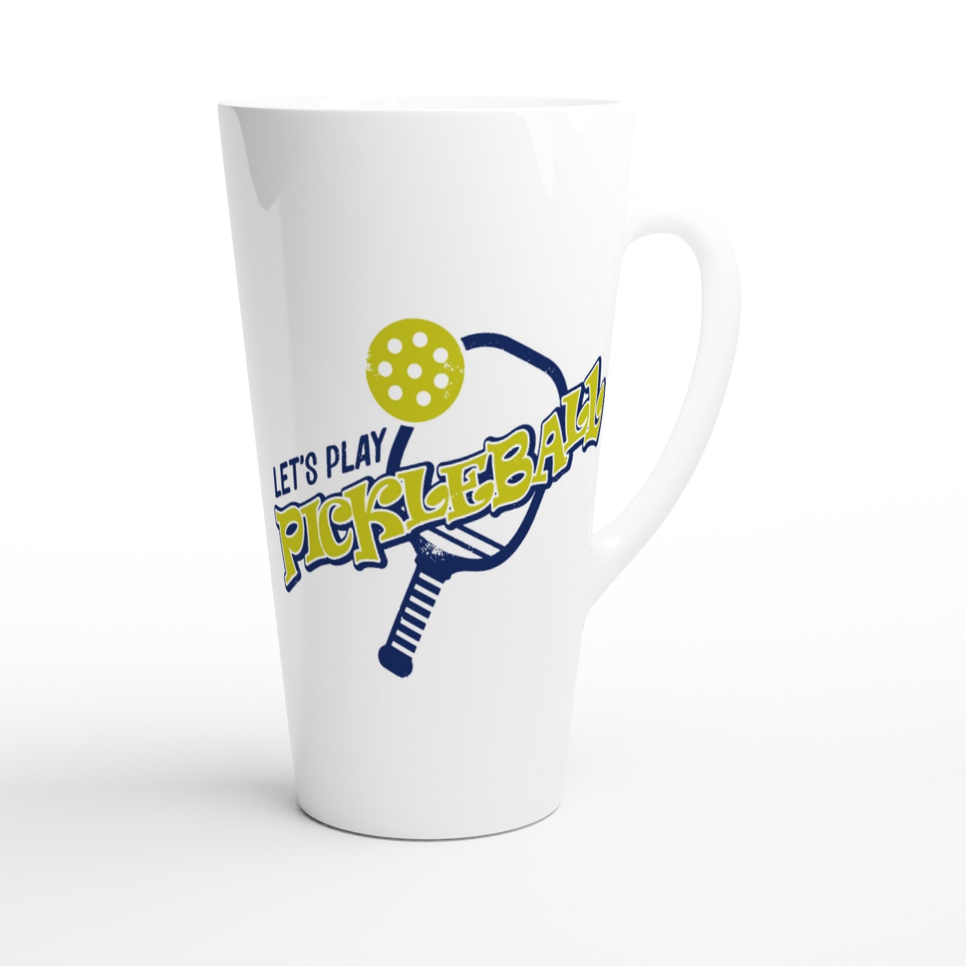 Personalized Seventeener white ceramic 17oz mug with original personalized motto [Your Name] Would be a PickleBall SuperStar if it wasn’t for that Darn net and those lines! on front and Let’s Play Pickleball logo on back coffee mug dishwasher and microwave safe from WhatYa Say Apparel back view.