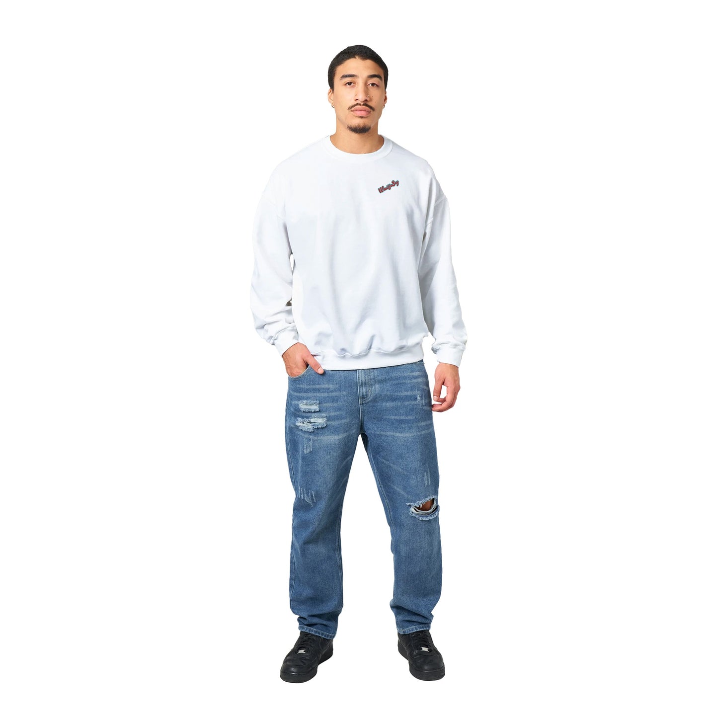A white Classic Unisex Crewneck sweatshirt with original artwork and motto I Got 99 Problems But a Margarita Ain’t One on back and Whatya Say logo on front from WhatYa Say Apparel a rear view of short haired male model standing.