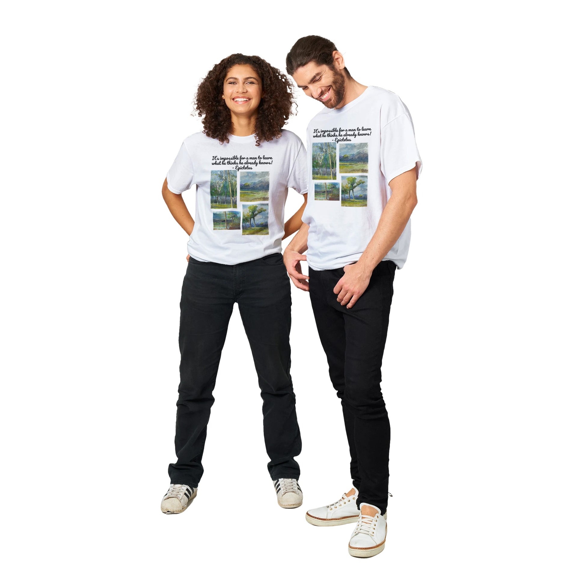 A natural heavyweight Unisex Crewneck cotton t-shirt with artwork It’s impossible for a man to learn what he thinks he already knows! on the front from WhatYa Say Apparel worn by Happy woman and man couple standing side by side.