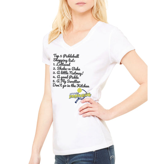 Blonde hair Female model wearing Top 5 PickleBall list premium women’s V-neck t-shirt from WhatYa Say Apparel made from combed and ring-spun cotton.