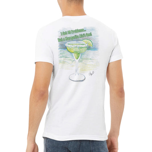 A white premium unisex v-neck t-shirt with original artwork and motto I Got 99 Problems But a Margarita Aint One on back and WhatYa Say logo on front made with combed and ring-spun cotton from WhatYa Say Apparel worn by A brown-haired male back view.