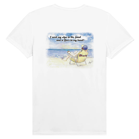 A white Performance Moisture-wicking with PosiCharge Unisex Crewneck t-shirt with original artwork and motto I need my Ass in the Sand and a Beer in my hand on back and WhatYa Say logo on front from WhatYa Say Apparel rear view lying flat..
